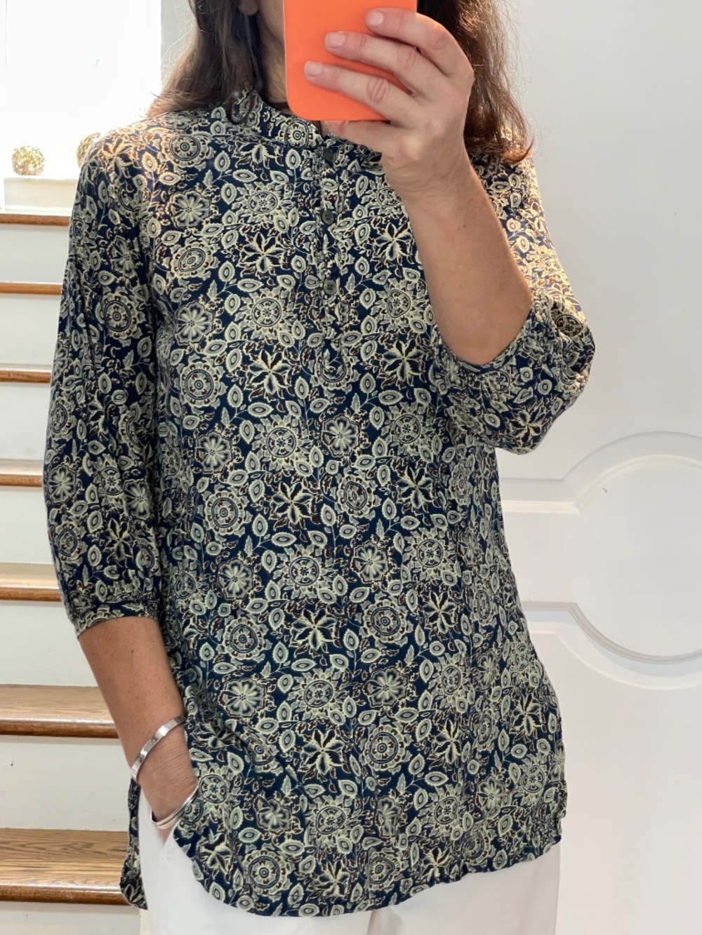 Byogi floral navy blue/beige/burgundy band collar cotton tunic women S